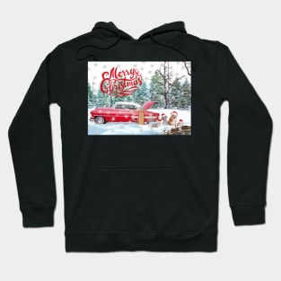 Red Car, Cats and Dogs Merry Christmas with Snowflakes Hoodie